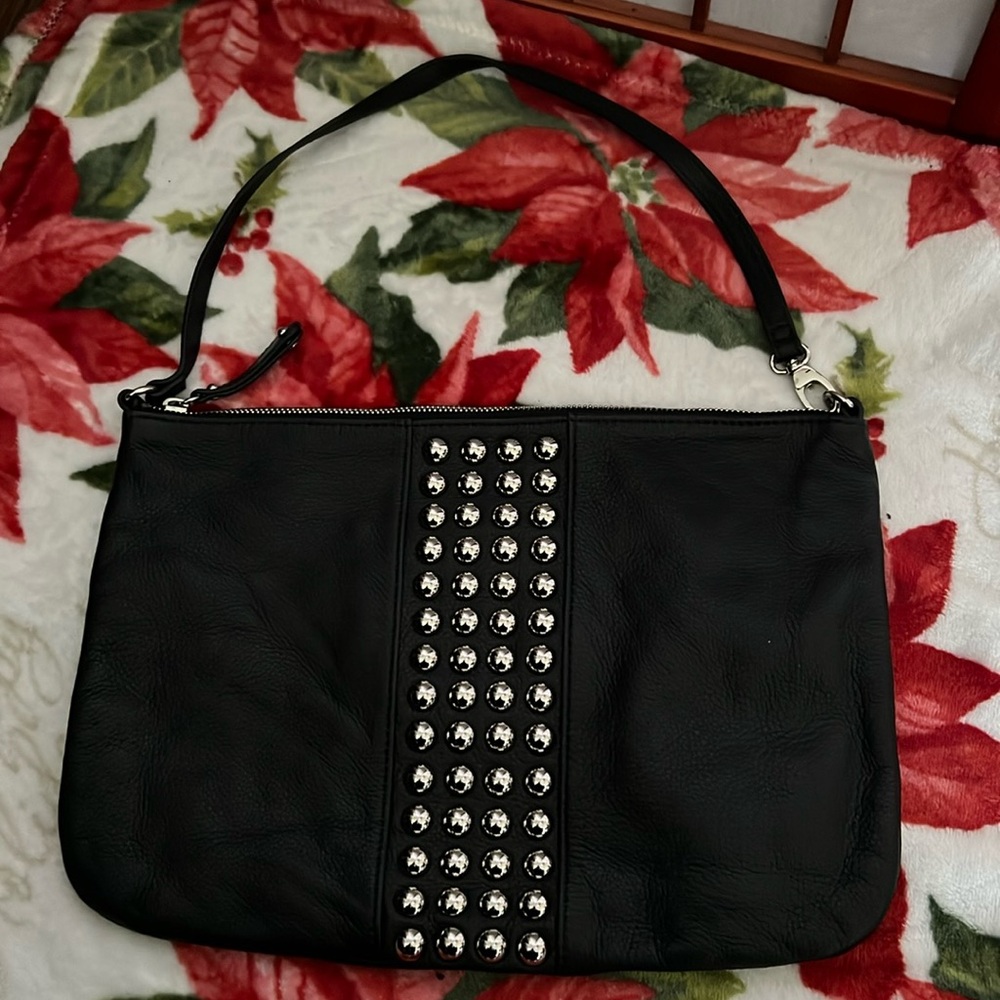 Audrey Brooke genuine leather black shoulder bag with silver detailing